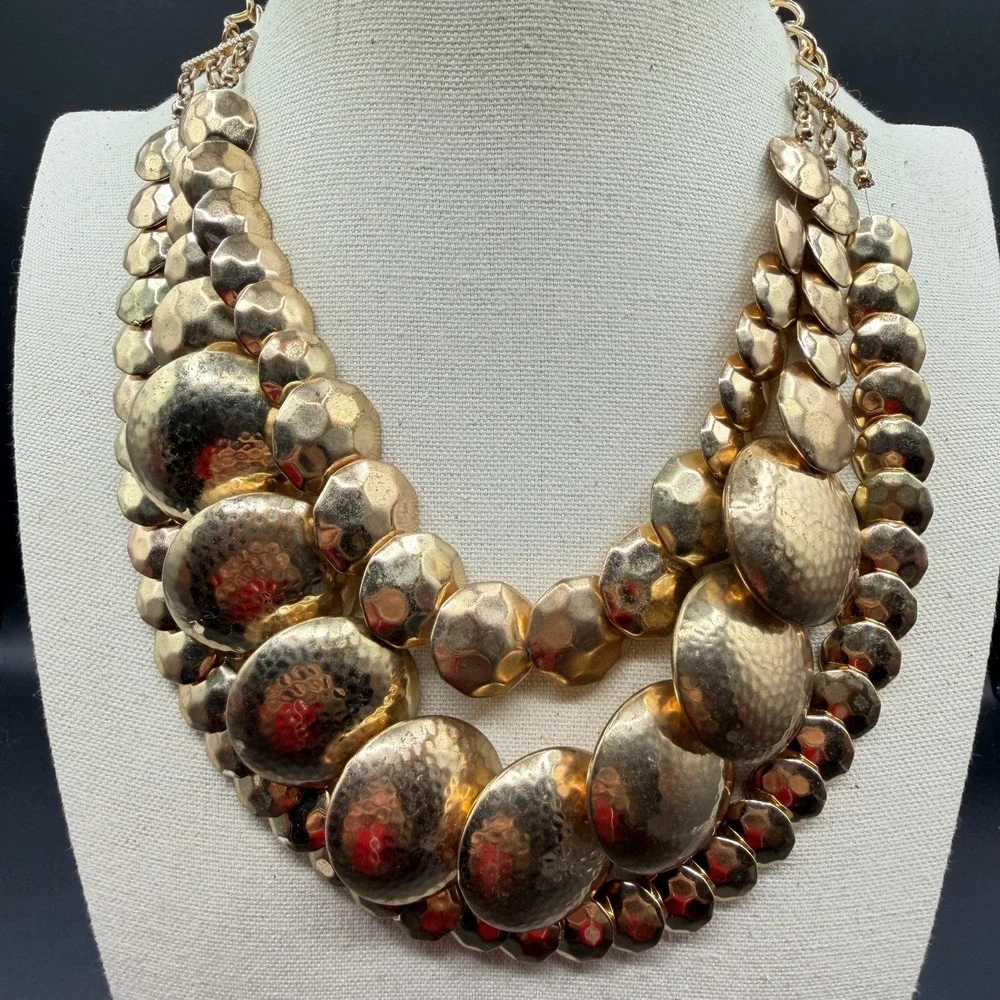 Gold Tone Hammered Disc Multi Strand Statement Bib Necklace Bold Chunky Layered